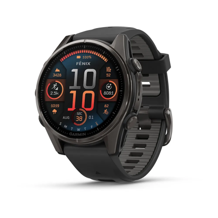 Garmin fenix 8 - 43 mm, AMOLED Sapphire, Karbon gri DLC titanyum, Siyah/Gri Silikon Kayışlı - 1
